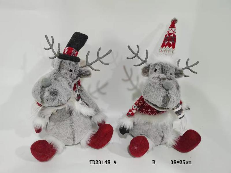 Christmas Plush Doll Toy Sitting Gray Red Reindeer Item TD23148AB