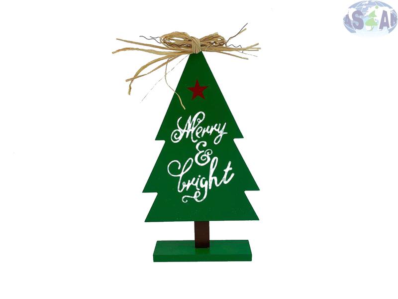 Wooden Tabletop Decoration Green Christmas Tree Paint White Words